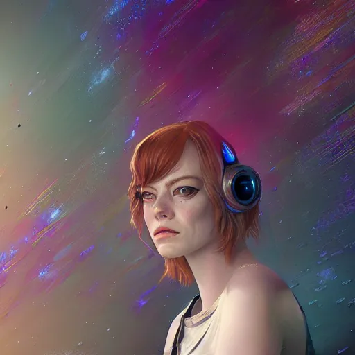 Image similar to cosmic cyberpunk portrait of emma stone, hyper detailed, digital art, trending in artstation, cinematic lighting, studio quality, smooth render, unreal engine 5 rendered, octane rendered, art style by klimt and nixeu and ian sprigger and wlop and krenz cushart.