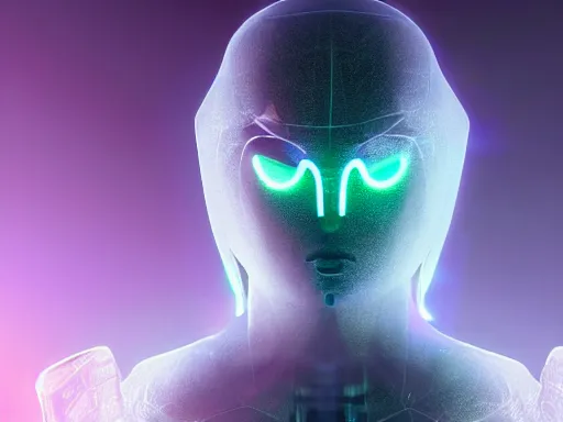 Image similar to a gray faceless figure, ascended, robot wizard, NPC with a saint\'s halo, saintly halo behind their head made of neon filigree, consulting the cyber oracle of all knowledge, at the end of time, in an esoteric ritual exchange of physical code, 8k, 4k, unreal 5, DAZ, trending on artstation, octane render, abstract painting, bright blue future