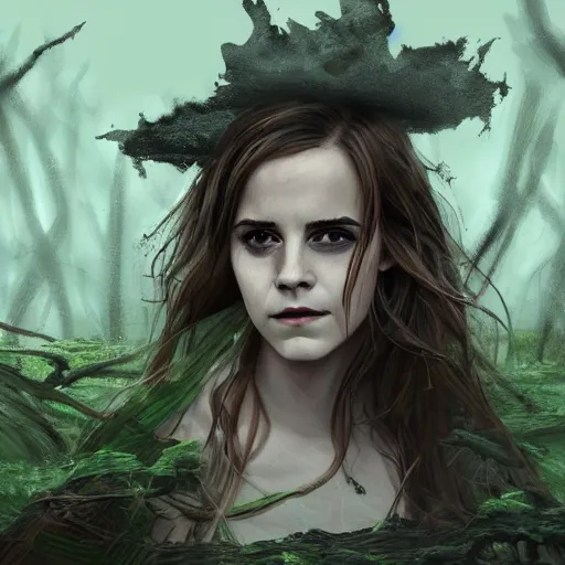 Image similar to emma watson as a swamp witch, digital art, trending on art station, swamp background, illustration, character illustration, 4 k, hyper detailed, by jason chan