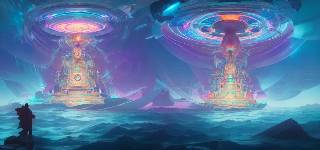 Image similar to a floating temple, channeling swirling energy, wearing netrunner clothing, vaporwave aesthetic, colorful, psychedelic, digital painting, artstation, concept art, smooth, sharp focus, illustration, art by artgerm and greg rutkowski and alphonse mucha