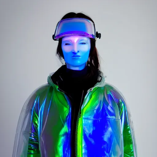 Image similar to an ultra high definition professional studio quality photograph of an artificially intelligent cyberpunk art influencer wearing a transparent iridescent pastel coloured face visor and matching bubbly puffy raincoat on white coat hook in a sheer icelandic black rock environment. dramatic lighting. volumetric shadows. light rays