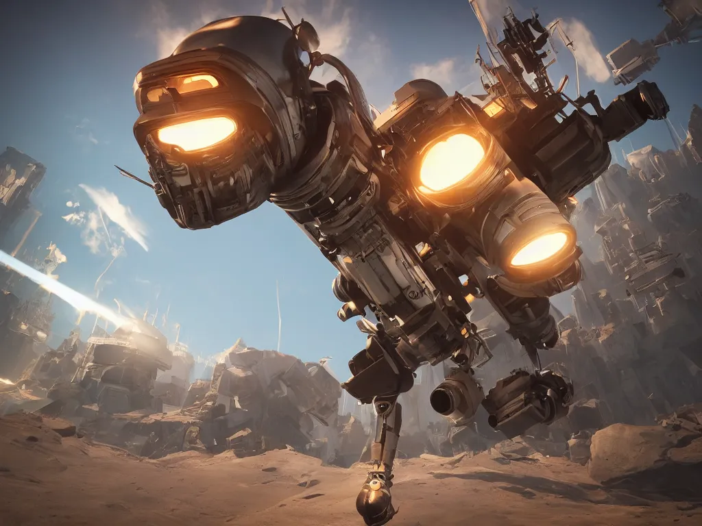 Prompt: Retro futuristic damaged walker jumps over a rift, highly detailed, sharp focus, illustration, cinematic lighting, Unreal Engine 5