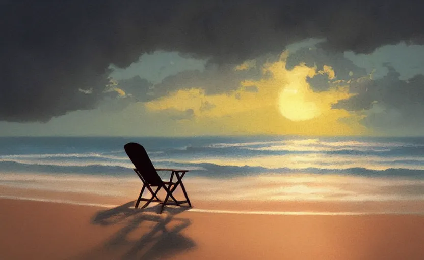 Image similar to silhouette painting of a beach chair at sunset with ocean waves in background, natural light, concept art, by greg rutkowski, cozy atmospheric and cinematic lighting