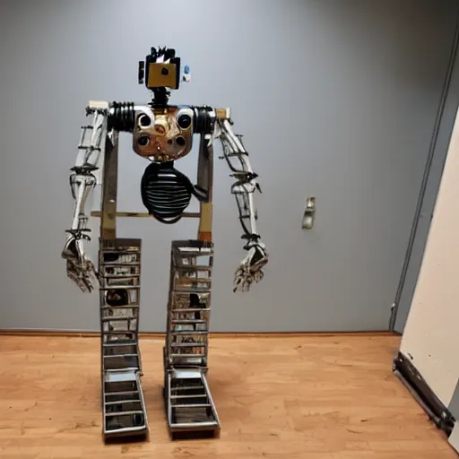 Prompt: a humanoid bipedal robot made of spare parts and household materials standing in the closet