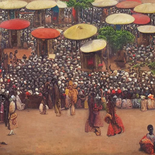 Prompt: dahomey officials with flat colorful umbrellas in ahomey's huge main square, from above, in benin, 1905, highly detailed, oil on canvas, by ilya repin