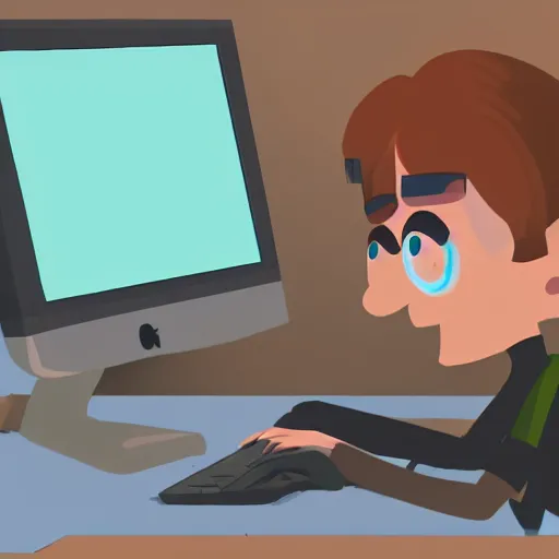 Image similar to low - fi character, pixar style, computer programmer working at computer