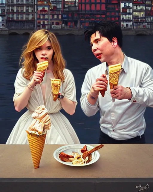 Image similar to Portrait of Michael Mcintyre & blonde Emma Watson eating ice creams in Porto,real life skin, intricate, elegant, highly detailed, artstation, concept art, smooth, sharp focus, art by artgerm and greg rutkowski and alphonse mucha