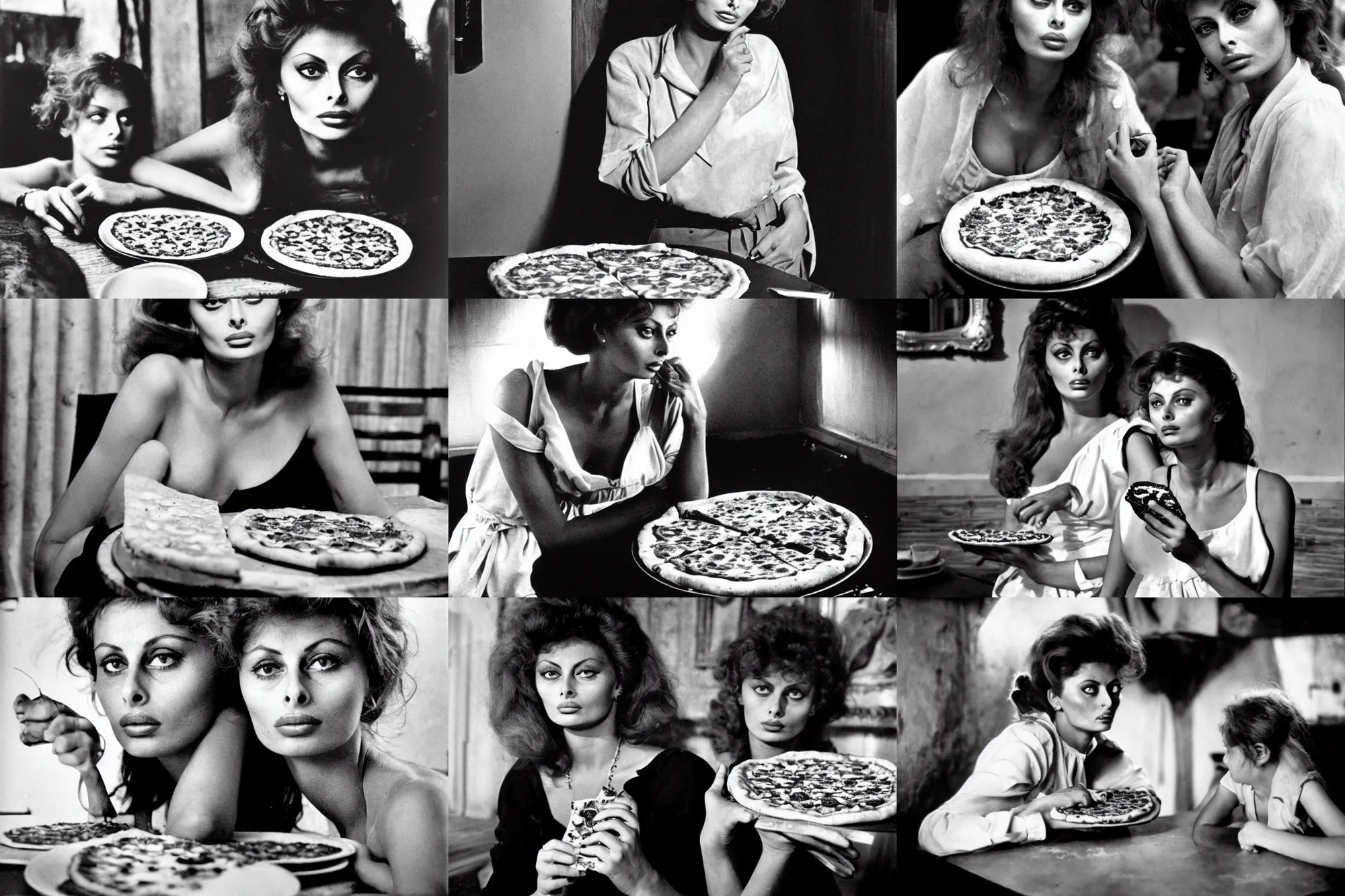 Prompt: sharing a pizza, young sophia loren, young queen margherita of italy, smooth lighting, exquisit detail, masterpiece, timeless, 1 8 9 0 photo by letizia battaglia