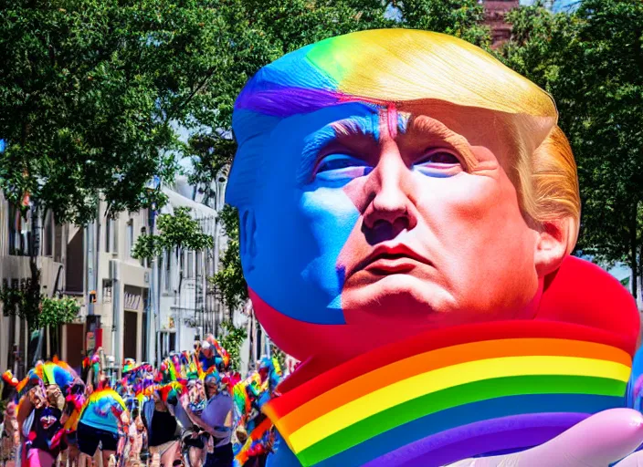 Image similar to pride parade float in the shape of donald trump's head, photorealistic, canon 5 d, sharp, sunlight, reflection, inflatable, rainbow