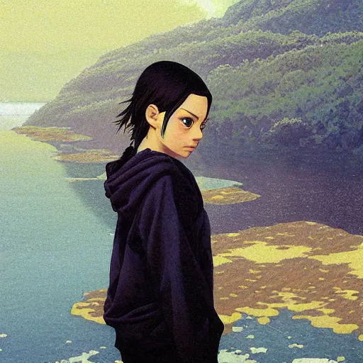 Image similar to anime mila kunis by by Hasui Kawase by Richard Schmid