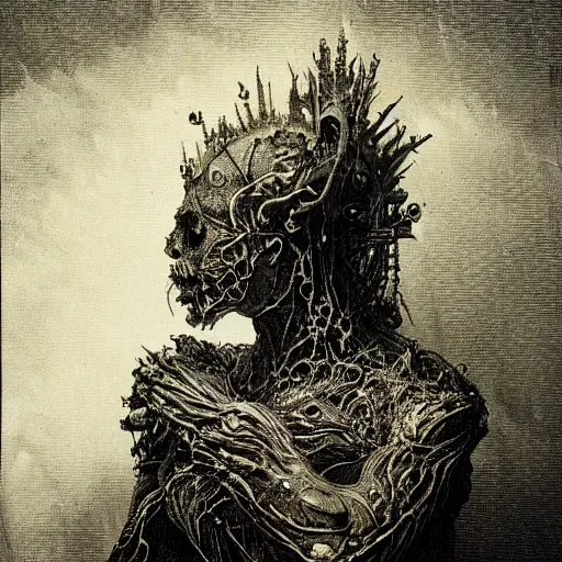 Image similar to ruler of the cosmic shadow realm, detailed, cgi, dark atmosphere, horror, by gustave dore, by emil melmoth, trippy, epic, symmetrical - h 8 3 3