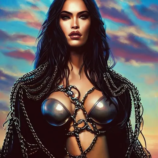 Image similar to a queen is sitting on her throne dressed in chains, looks like megan fox, beautiful highly detailed face, complementary lighting, backlit, black eyeshadow, grinning, adventure, dramatic lighting, landscape background, beautiful painting by artgerm and greg rutkowski and raymond swanland