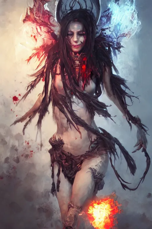 Prompt: beautiful girl necromancer, witch - doctor covered in blood, angels, 3 d render, hyper - realistic detailed portrait, holding fire and electricity, ruan jia, wlop. scifi, fantasy, magic the gathering, hyper detailed, octane render, concept art, peter mohrbacher