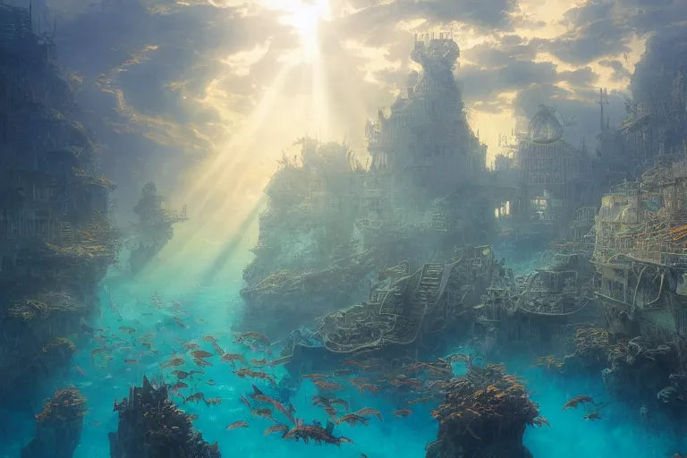 Prompt: a scenic view of the lost and abandoned city of Atlantic under water, ray of sunlight, coral reefs, fish flocks, Greg Rutkowski, Moebius, Mohrbacher, Mucha, blue and gold color scheme, ultra wide angle, light effect