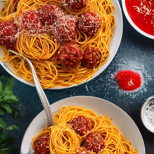 Prompt: raining spaghetti and meatballs, 4k HD award winning photograph, wide shot, long depth of field