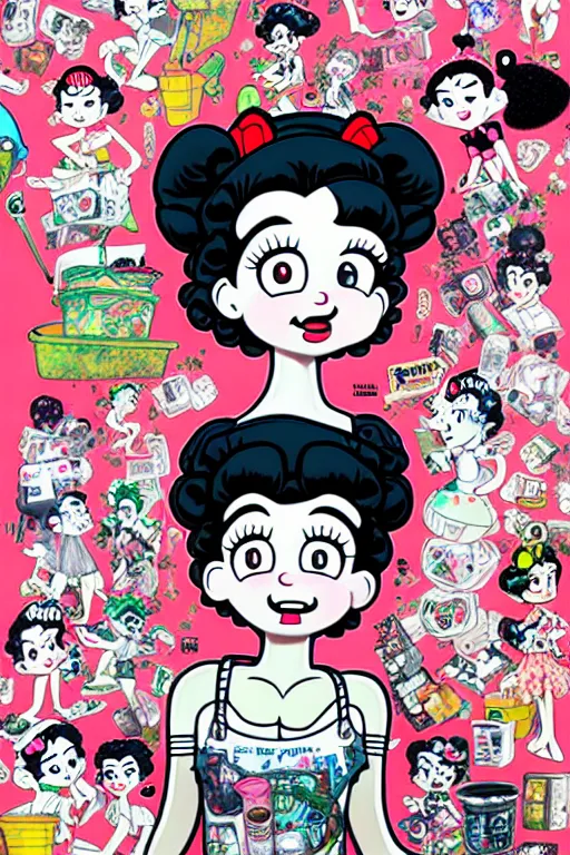 Image similar to full view, from a distance, of anthropomorphic trashcan who is betty boop, full of trash, style of yoshii chie and hikari shimoda and martine johanna, highly detailed