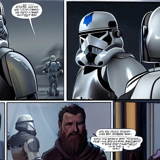 Prompt: clone trooper with his helmet off talking to Obi-Wan Kenobi