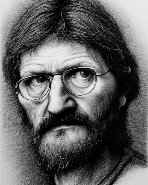 Image similar to ted kaczynski, hyper realism, fine details, deviantart artstation, extremely detailed, black and white, very sharp, in the style of albrecht durer, etching,