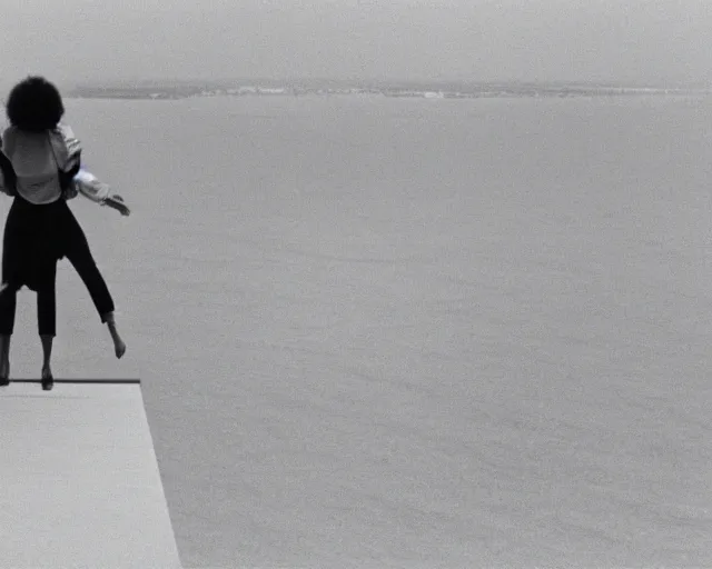 Image similar to a still of a young woman standing on a huge concrete white deck, high above the ground, of a minimalist brutalist beach house, outside view, low angle, clear sky and background, in the music video Wrapped Around your Finger (1983)