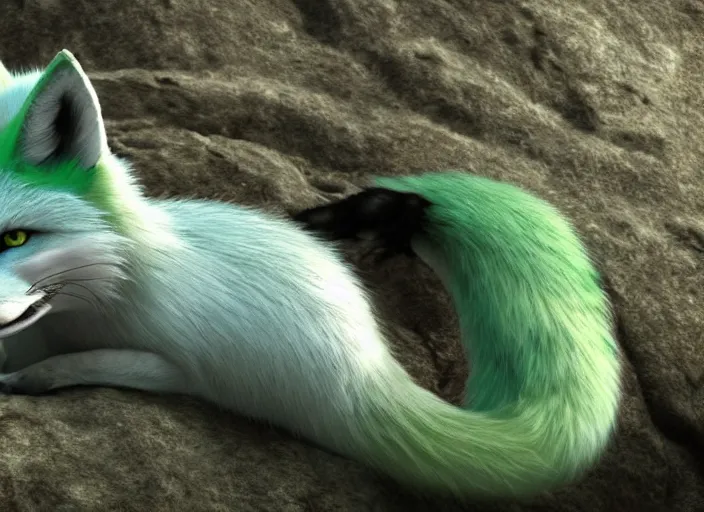 Image similar to muxy logo, nine tail bluish green fox, movie still, 8 k, realistic