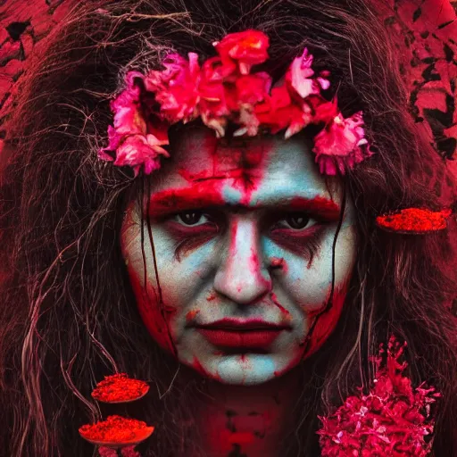 Image similar to 3 5 mm coloured film portrait of strange female aghori sadhu covered in ash creature, hyperrealism, celestial red flowers vibe, photorealistic, detailed, atmospheric, 8 k, award winning photography, cinematic