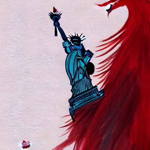 Prompt: Lady Liberty riding the red dragon of 龙, no noise, elegant, concept art, sharp focus, digital art, smooth defined outlines