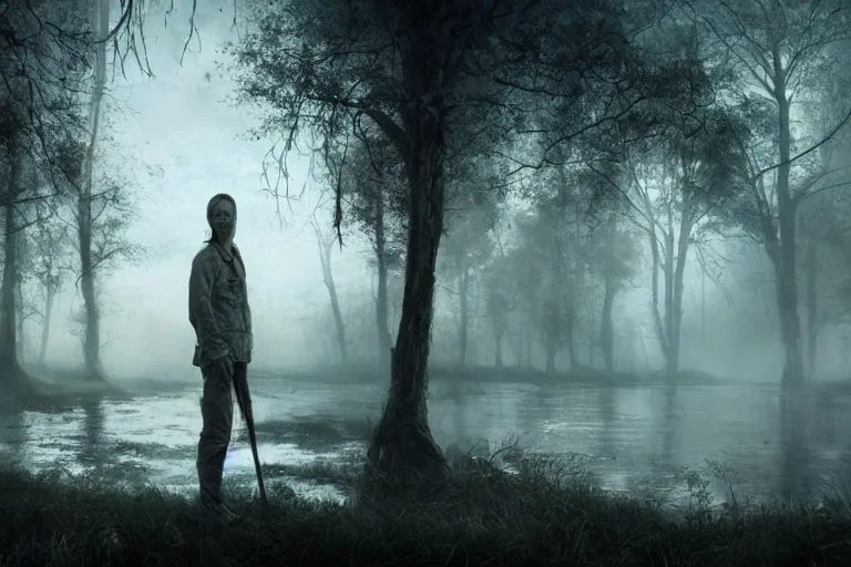 Image similar to an ultra realistic, cinematic headshot portrait, of zombie, background of a vast serene landscape, with trees and rivers, detailed, deep focus, movie still, dramatic lighting, ray tracing, by michal karcz and yoshitaka amano