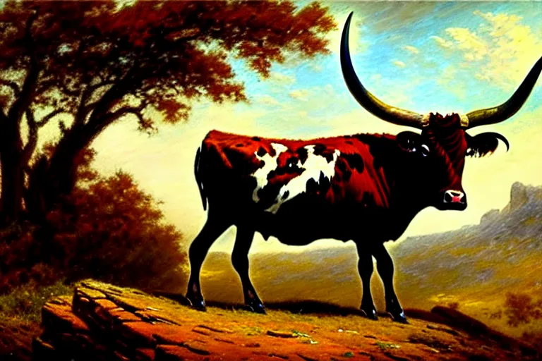 Prompt: an impressionistic painting of a longhorn steer on a high bluff, key visual, concept art, extremely moody lighting, highly detailed, digital painting, artstation, unreal engine, in the style of charles marion russell and albert bierstadt and frederic remington
