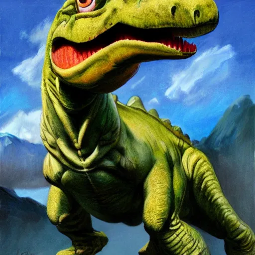 Prompt: An ultra realistic portrait painting of Yoshi the Dinosaur wearing his saddle in the style of Frank Frazetta, 4k, Ultrarealistic, Highly Detailed, Dark Fantasy, Epic Lighting