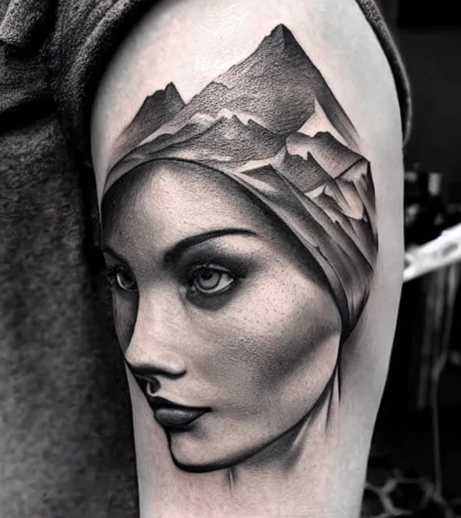 Image similar to amazing blend of a hyper realistic mountain scenery with a beautiful woman face, tattoo design sketch, in the style of matteo pasqualin, hyper - realistic, amazing detail, black and white