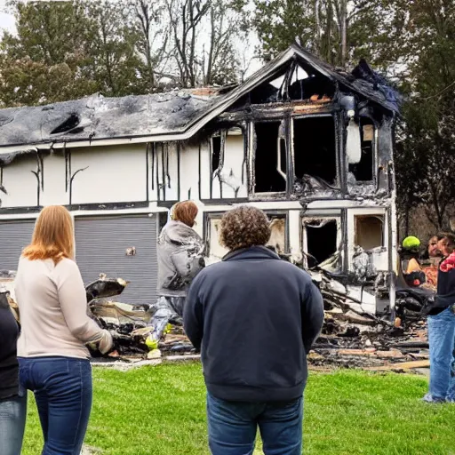 Prompt: prospective buyers attend an open house for a burned down house fire, real estate photography