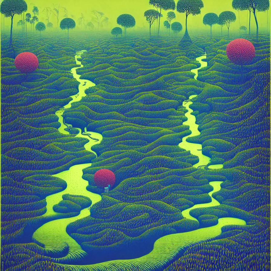 Image similar to surreal gediminas pranckevicius, river flow through borneo jungle, summer morning, very coherent and colorful high contrast art by james gilleard james gurney floralpunk screen printing woodblock, pointillism, dark shadows, pastel color, hard lighting, stippled light, art nouveau, film noir