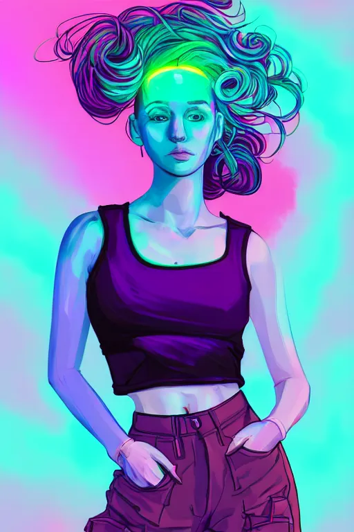 Image similar to a award winning half body portrait of a beautiful woman in a croptop and cargo pants with ombre purple pink teal hairstyle and hands in pockets by ari liloan, surrounded by whirling illuminated lines, outrun, vaporware, shaded flat illustration, digital art, trending on artstation, highly detailed, fine detail, intricate