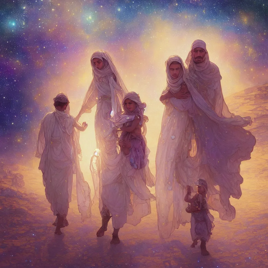 Image similar to bedouin man and woman and child in galaxy walking towards mosque surrounded by nebula, highly detailed, gold filigree, romantic storybook fantasy, soft cinematic lighting, award, disney concept art watercolor illustration by mandy jurgens and alphonse mucha and alena aenami, pastel color palette, featured on artstation