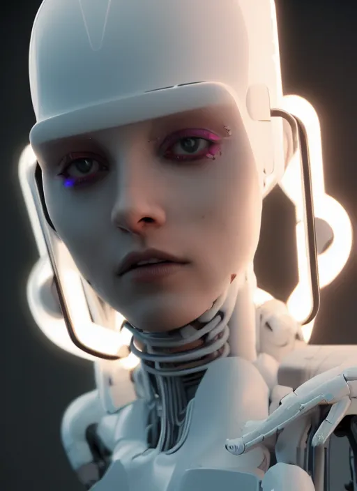 Image similar to white one cast futuristic biomechanics futuristic humanoid, pretty face, beautiful female, futuristic, neon lights, cyberpunk, 8 k, digital painting, by beeple and makoto shinkai, trending on cg society, glamour pose, high fashion, photorealistic, hyper realistic, perfect body, anatomical correct, ambient occlusion render