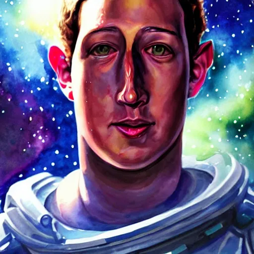 Image similar to alien zuckerberg in space. watercolor. dramatic. amazing painting. formal. beautiful. high resolution. highly realistic. close - up. trending on artstation