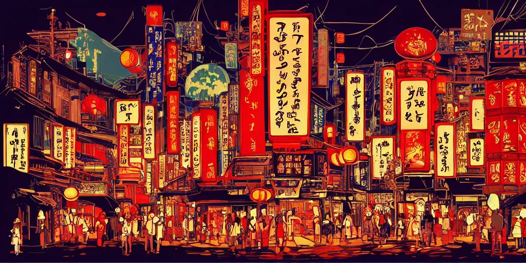 Image similar to neo tokyo in the style of studio ghibli, night, traditional red china lamps, high contrast, ghibli