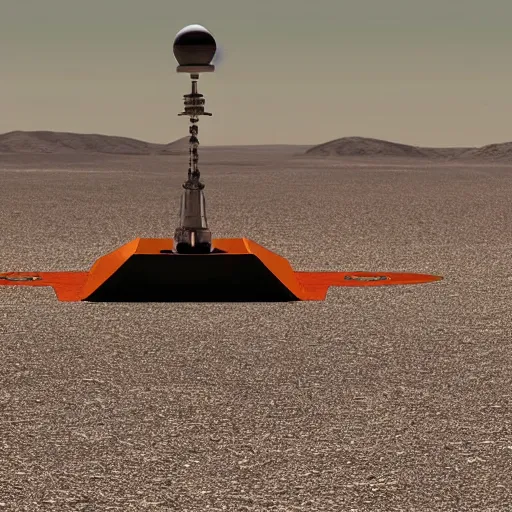 Image similar to a Space X design inspired, huge, white colored, tall, rounded rectangular shaped five-level cargo personnel planetary transport vehicle with orange accents, wires and tubes, communication systems, antennas, hemisphere shaped life support on top, stairs, big off road wheels, on a flat desert planet, bright sunlight, high quality, 3D render, long shot, clear blue sky, detailed, sharp