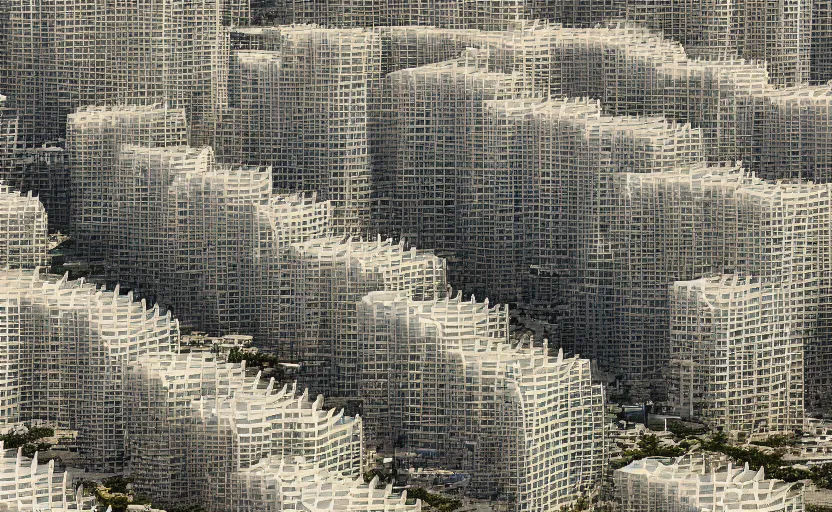 Prompt: parametric structure, 2 residential towers, in the desert beside the gulf, view from above, design by peter zumthor, dezeen, architectural photography