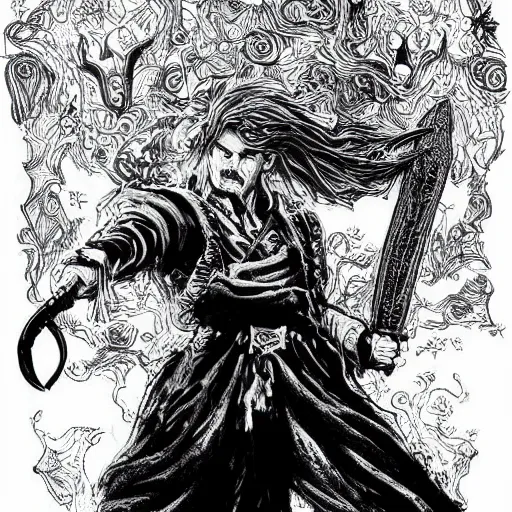 Image similar to black and white pen and ink!!!! rugged royal! nordic goetic Raiden x Frank Zappa golden!!!! Vagabond!!!! floating magic swordsman!!!! glides through a beautiful!!!!!!! battlefield dramatic esoteric!!!!!! pen and ink!!!!! illustrated in high detail!!!!!!!! by Junji Ito and Hiroya Oku!!!!!!!!! graphic novel published on 2049 award winning!!!! full body portrait!!!!! action exposition manga panel black and white Shonen Jump issue by David Lynch and Frank Miller beautiful line art Hirohiko Araki-s 150