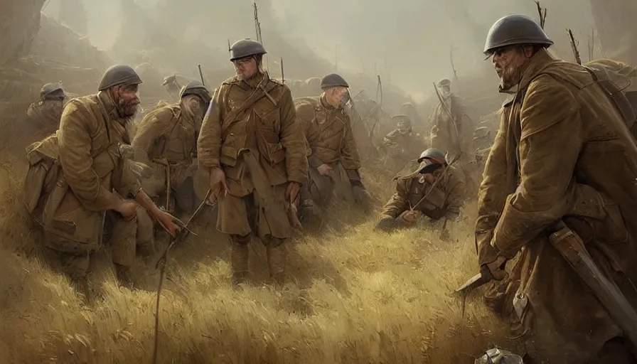 Image similar to beautiful digital painting of a group of barley surviving soldiers in a trench waiting for the war to end. cinematic lighting and rendering, atmospheric, concept art by artgerm and greg rutkowski,,