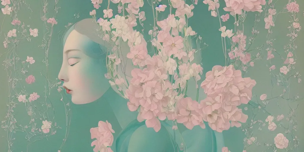 Prompt: breathtaking delicate painting pattern art deco blend of flowers and faces, by hsiao - ron cheng, bizarre compositions, many exquisite detail, pastel colors, 8 k