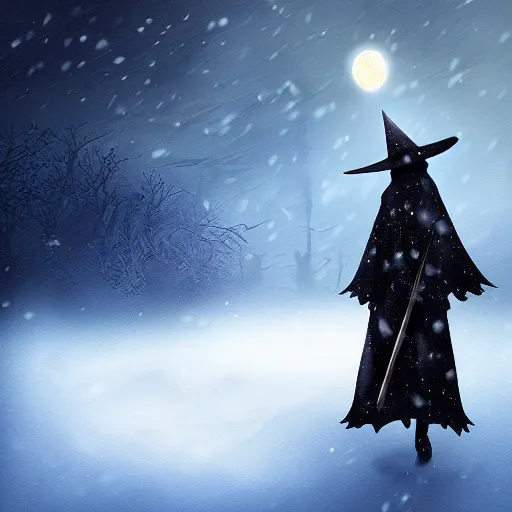 Image similar to wizard, dark, flying on the broom, front view, trees, snowing, digital art