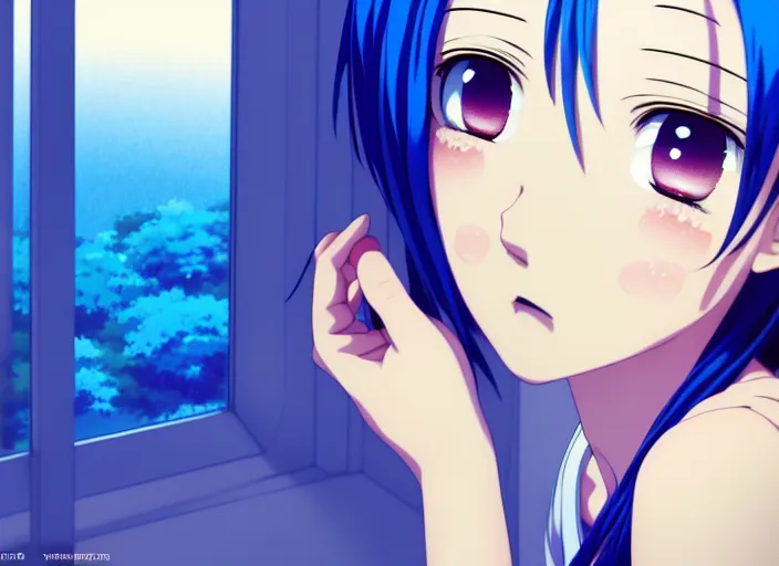 Image similar to anime visual, full body illustration a young woman with blue hair looking out her bedroom window at midnight, cute face by ilya kuvshinov, yoshinari yoh, makoto shinkai, katsura masakazu, dynamic perspective pose, detailed facial features, kyoani, rounded eyes, crisp and sharp, cel shad, anime poster, ambient light,