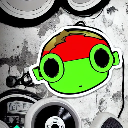 Prompt: svg sticker of a Pop-Wonder Alien-Bog-Monster-Swamp-Rat-Thunder-Coot-Racing-Fan at a rave, spinning records, giant headphones rocking out, wearing headphones, huge speakers, dancing, rave, DJ, spinning records, digital art, amazing composition, rule-of-thirds, award-winning, trending on artstation, featured on deviantart