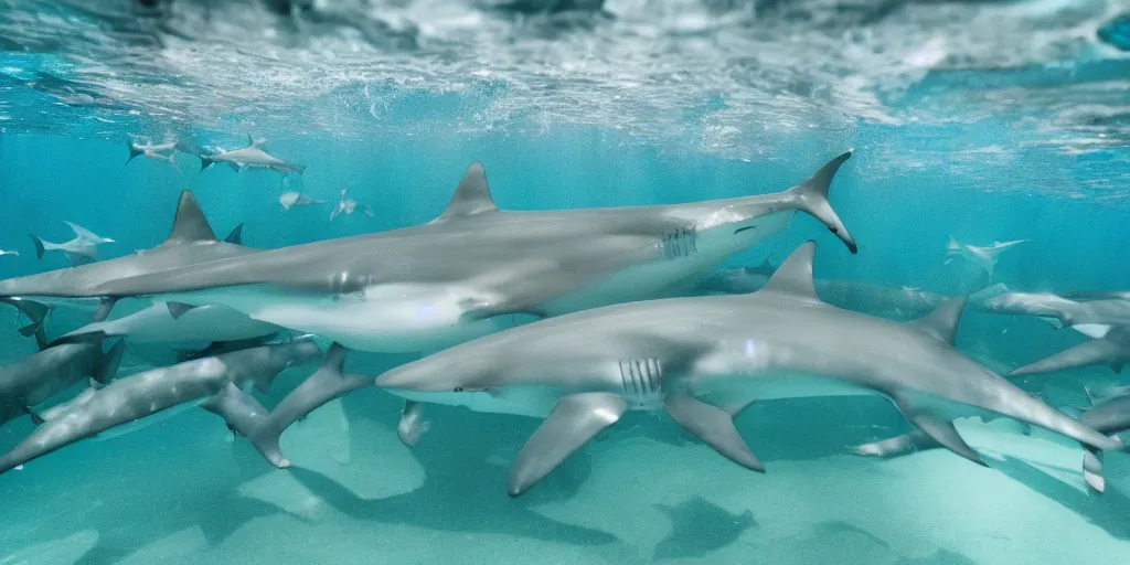 Image similar to underwater shot of sharks in a pool