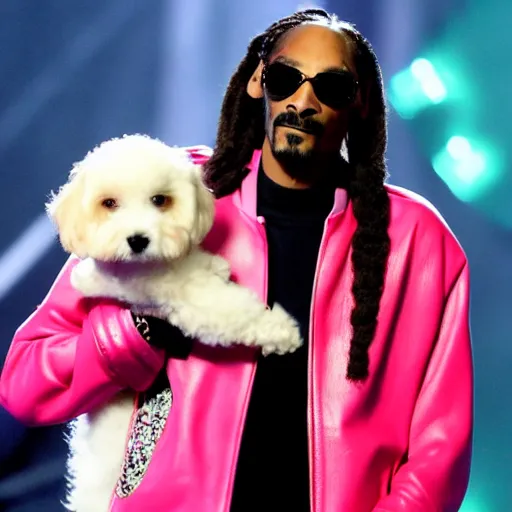 Image similar to Snoop Dogg wearing a pink leather jacket on stage at a music award show holding a dog