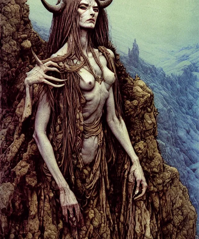 Image similar to A detailed horned goatwoman stands among the hills. Wearing a ripped mantle, robe. Perfect faces, extremely high details, realistic, fantasy art, solo, masterpiece, art by Zdzisław Beksiński, Arthur Rackham, Dariusz Zawadzki