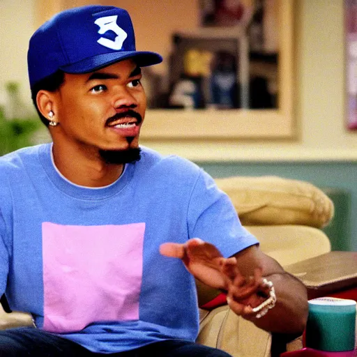 Image similar to a tv still of Chance The Rapper starring as a college student in a 1998 sitcom, 40mm lens