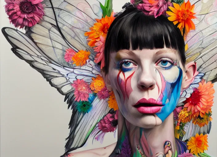 Image similar to a painting by martine johanna of a fairy with big wings wearing a hoodie standing in a township street in the style of jenny saville, street fashion outfit, haute couture fashion shoot, full figure painting by david choe and jeremy mann, decorative flowers, 2 4 mm, die antwoord yolandi visser